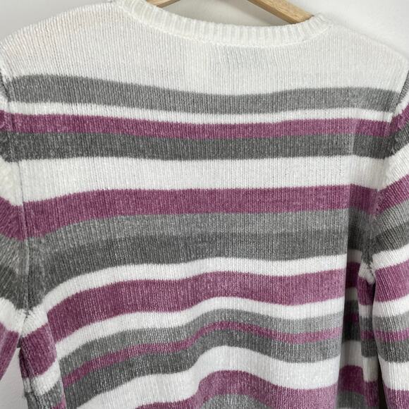 VTG Alfred Dunner Sweater LP Purple White Striped Chenille Pullover Grandma - Picture 9 of 15